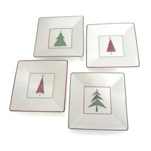 Crate & Barrel Christmas Tree Square Appetizer Plates Set of 4 Red Green White